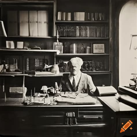 Vintage Black And White Photograph Of A Botany Professors Office In