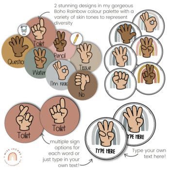 Hand Signals Posters Boho Rainbow Neutral Classroom Decor Editable