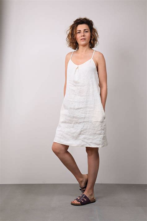 Cream White Linen Leisure Trend Dress Loose Summer Holiday Dress With Straps Mini Casual