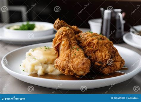 Fried Chicken Mashed Potatoes And Gravy On White Plate Stock Illustration Illustration Of