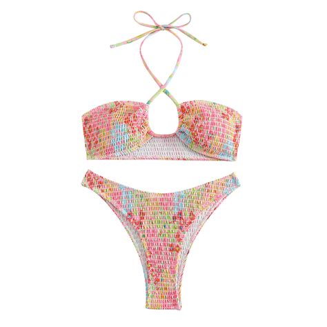 BUIgtTklOP Women S Triangle Bikini String Swimsuit Print Tie Smocked Ruched Two Piece Bathing