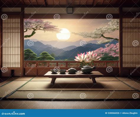 Traditional Japanese Tea Room Interior With Tatami Mats3d Rendering