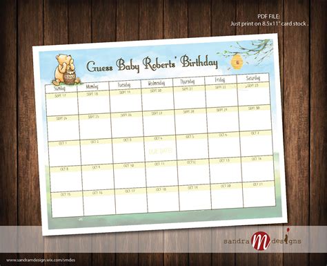 Classic Winnie The Pooh Baby Shower Guess Due Date Calendar Etsy