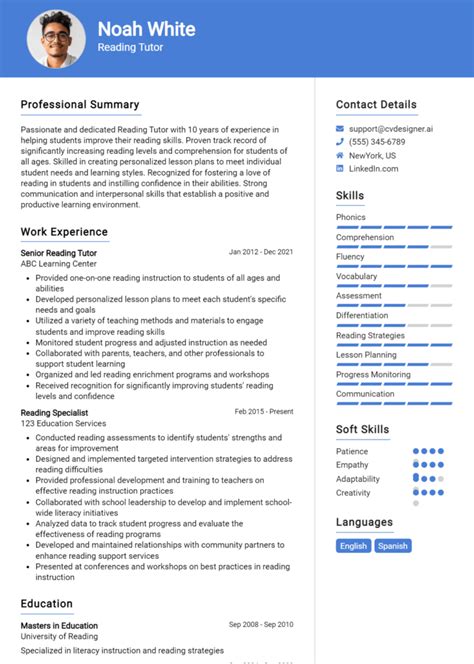 Reading Tutor Resume Example For 2024 Tips To Stand Out CVDesigner Ai