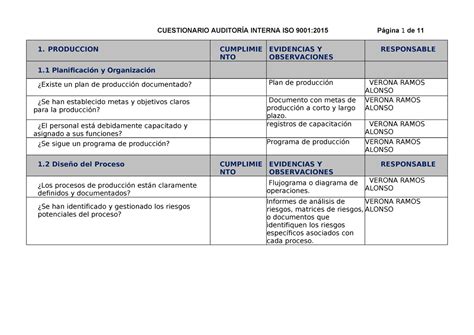 Check List Produccion Control De Calidad Cuestionario AuditorÍa