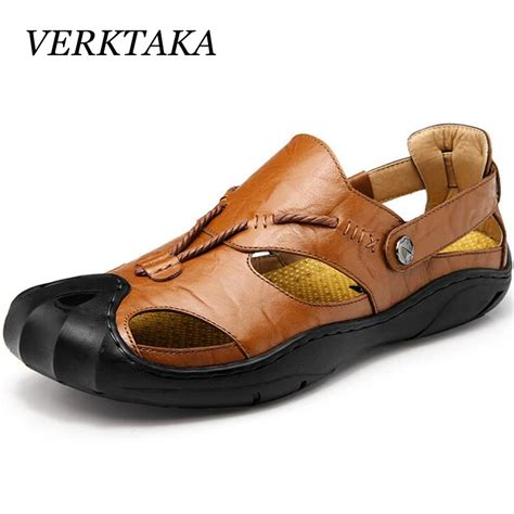 Verktaka Genuine Leather Men Sandals Summer Cow Leather New For Beach Male Shoes Mens Gladiator