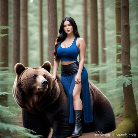 Curvy Woman Riding Brown Bear in Forest | Stable Diffusion Online