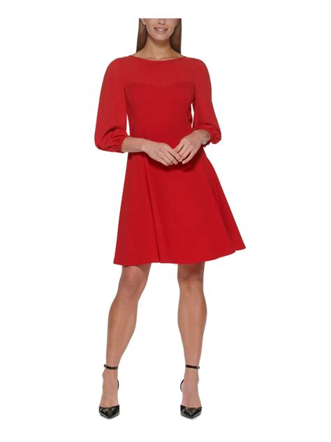 Dkny Womens Pouf Sleeve Round Neck Above The Knee Cocktail Fit Flare