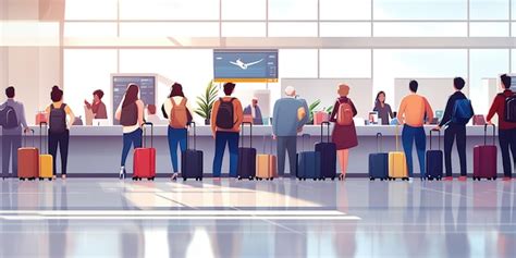 Passengers Wait In Line At An Airport Checkin Counter With Their Luggage Premium Ai Generated