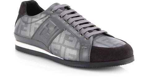 Fendi Leather Zucca Laceup Sneakers In Grey Gray For Men Lyst