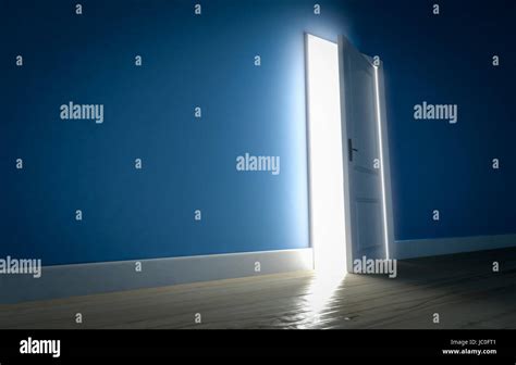 Light Shining Through Open Door In Dark Room With Blue Walls And Wooden