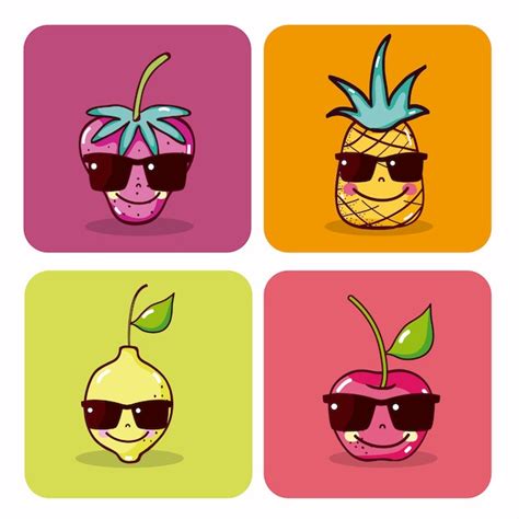 Conjunto De Iconos Cuadrados De Frutas Lindas Iconos Vector Premium