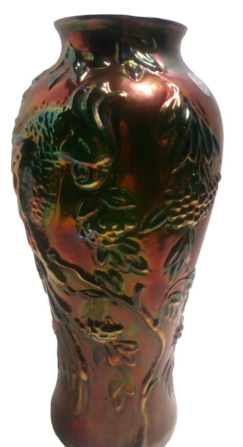 Fenton Art Glass Aubergine Carnival Vase With Raised Tropical Bird Immaculate Ebay