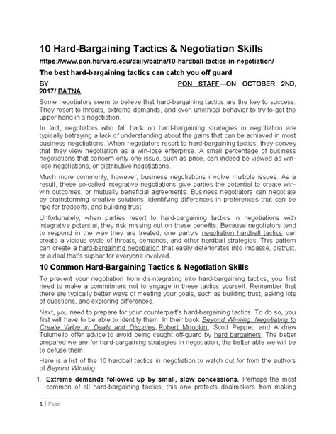 10 Hard-Bargaining Tactics & Negotiation Skills - 10 Hard-Bargaining Tactics & Negotiation - Studocu