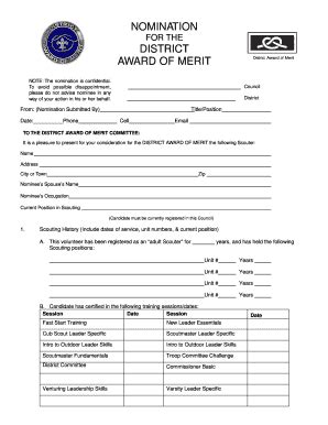 Fillable Online District Award Of Merit Nomination Form Doc Fax Email