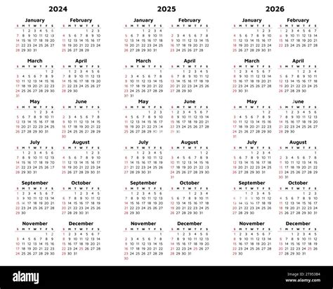 Vector 2024, 2025, 2026 vertical calendars. Modern illustration. Plan