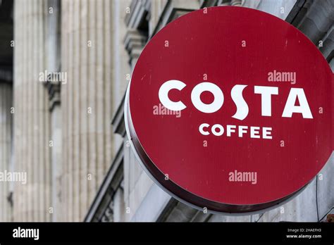 Sign outside Costa Coffee cafe in Dublin, Ireland. Logo signage for coffee shop chain with ...