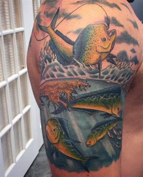 Impressive Painted Colored Unique Hooked Fish Tattoo On Half Sleeve