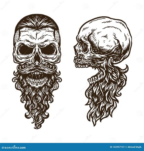 Hand Drawing Style With A Bearded Skulls Stock Vector Illustration Of