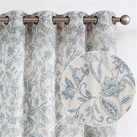 Vangao Blue Floral Linen Curtains For Living Room 84 Inches