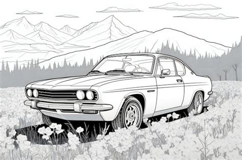 Premium AI Image | Sketch of a vintage car in the field with mountains ...