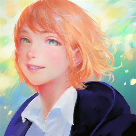 Arata Yokoyama Pastel Artwork Women Short Hair Redhead Green Eyes Face