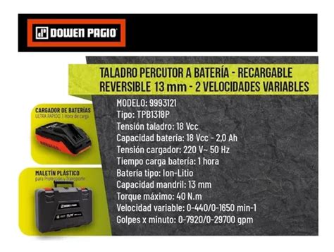 Taladro Percutor Atornillador Inalambrico Dowen Pagio 18v En Venta En