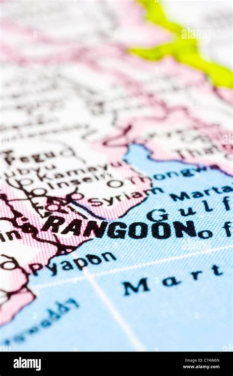 a close up shot of Rangoon or Yangon on map, former capital of Myanmar ...