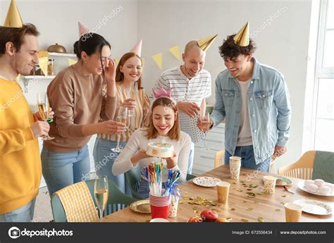 Young Woman Birthday Cake Her Friends Party Stock Photo by ©serezniy ...