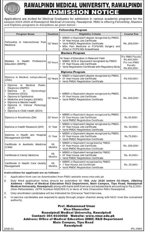 Admission Open in Rawalpindi Medical University Rawalpindi 25th June 2024