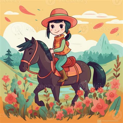 un niña montando en un caballo, dibujos animados ilustración con