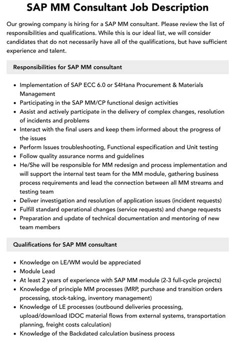 SAP MM Consultant Job Description Velvet Jobs