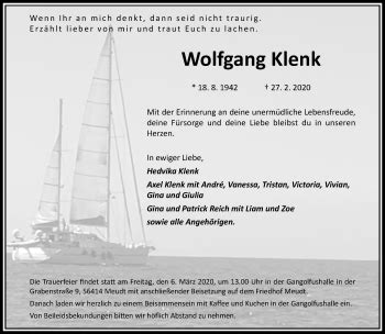 Traueranzeigen Von Wolfgang Klenk Trauer Rheinmain De