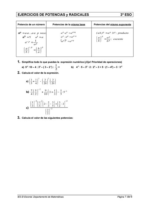 Potencias Ra Ces Y Radicales Eso Ejercicios De Potencias Y