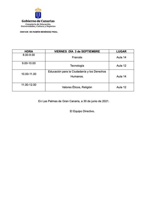 CALENDARIO PRUEBAS EXTRAORDINARIAS DE SEPTIEMBRE IES Ramón Menéndez Pidal