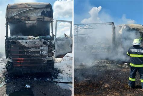 Un tir care transporta mase plastice a luat foc în mers în vestul