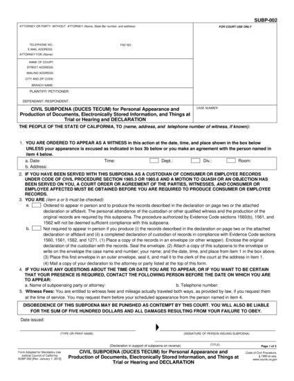 Civil Subpoena Duces Tecum For Personal Appearance And Production Of