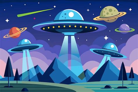 Three Ufos Hovering Over Mountains And Planets In A Night Sky Premium