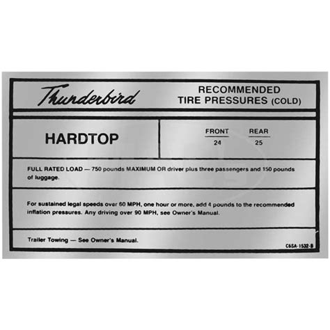 Ford Thunderbird Glove Box Decal Tire Pressure Coupe 1966 Blue