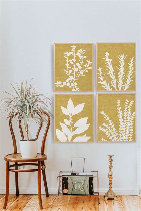 Mustard Yellow Wall Art Set of 4, Abstract Botanical Wall Decor ...