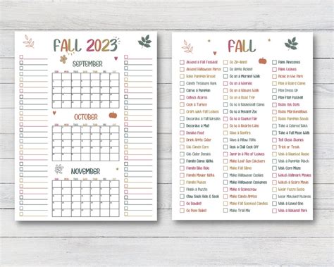 2023 Fall Printable Calendar Poster Fall Activities Calendar - Etsy