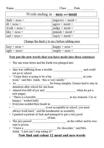 Suffix Ness Worksheet