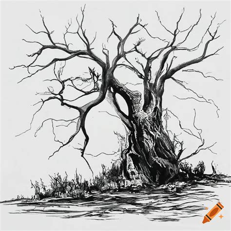 Black And White Ink Drawing Of A Split Dead Tree On Craiyon