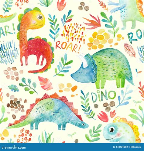 Hand Drawn Seamless Pattern With Dinosaurs And Floral Elements Cute