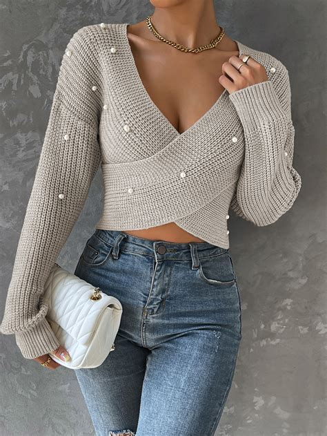 SHEIN Privé Pearls Beaded Crossover Drop Shoulder Sweater SHEIN USA