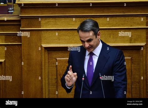 Greek Prime Minister Kyriakos Mitsotakis, during his speech in Hellenic Parliament. (Photo by ...