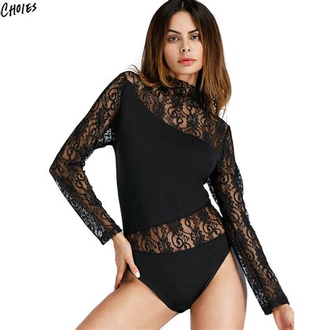 Black High Neck Patchwork Lace Bodysuit Thong Women Asymmetric Design