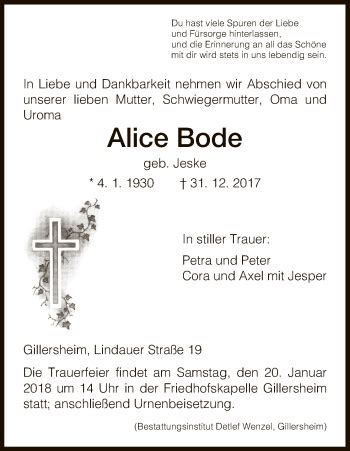 Traueranzeigen Von Alice Bode Trauer Hna De