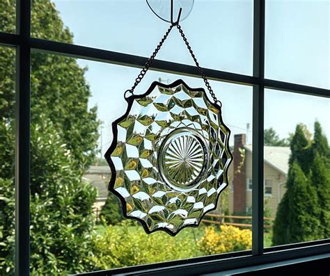 Vintage Glass Plate Window Hanging, Suncatcher, Pressed Glass Plate ...