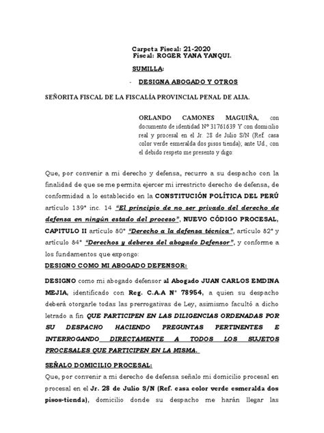 Designación De Abogado Defensor Y Solicitud De Reprogramación De